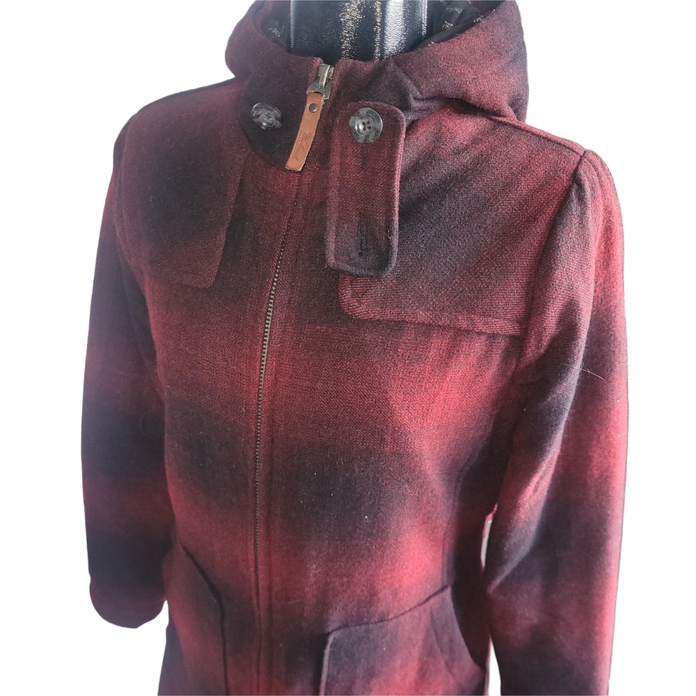 Woolrich Plaid Ombre Red Hunt Style Hooded Wool Blend Coat S - Picture 5 of 12